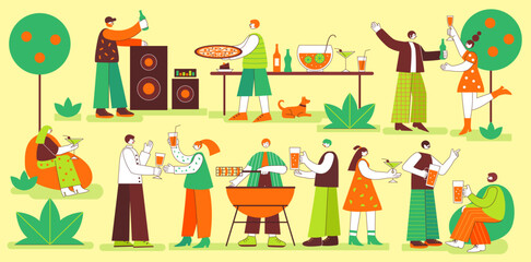 Park party with fun drinks. Happy people dancing and celebrating together, open air summer feast vector illustration