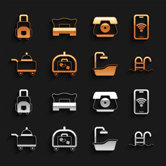 Set Hotel luggage cart, Mobile with wi-fi wireless, Swimming pool, Bathtub, Covered tray of food, Telephone handset, Suitcase and Bedroom icon. Vector