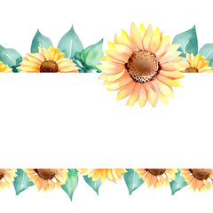 watercolor border design with lovely sunflower and leaves