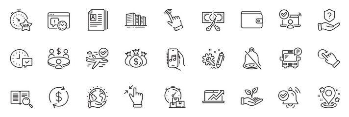 Icons pack as Project deadline, Fast delivery and Confirmed flight line icons for app include Buildings, Vip timer, Check investment outline thin icon web set. Cursor, Cv documents. Vector