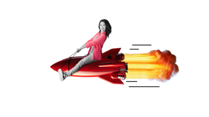 Art collage. Launch of a red rocket with a smiling business woman. Successful defeat competition concept isolated on free PNG Background. Competition, business vision concept.
