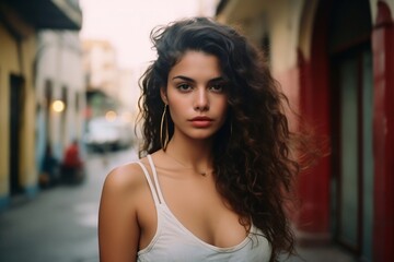 Portrait of a beautiful Cuban woman, long dark wavy hair standing on a faded pastel buildings in background.