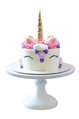 Gorgeous unicorn cake with golden waffle horn, eyelashes and cream cheese frostingisolated on white background