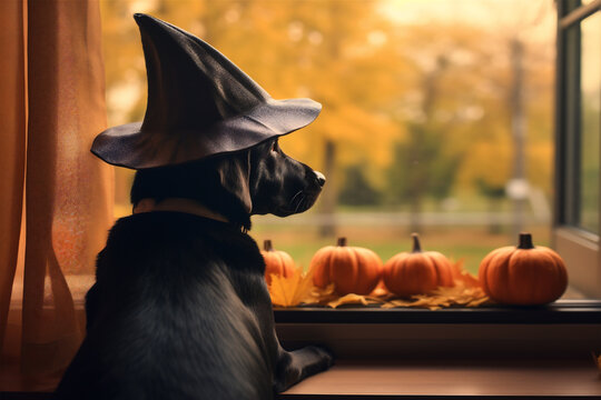 Dog waiting for Halloween, black Labrador Retriever with a witch hat looking out the window decorated with gourds and pumpkins in fall