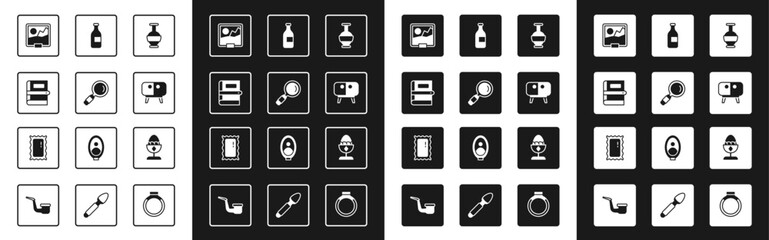 Set Ancient amphorae, Magnifying glass, Book, Picture, TV table stand, Bottle of wine, Chicken egg on and Big full length mirror icon. Vector