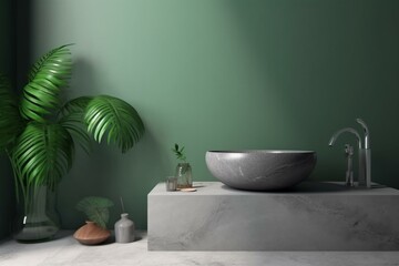 Fototapeta na wymiar 3D cement wash basin in green bathroom with foliage and blank space. Products display. Generative AI