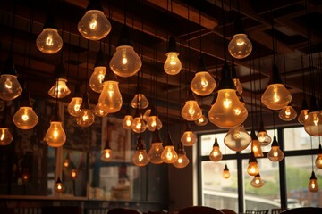 Ceiling lamps adorn a cafe. Generative AI