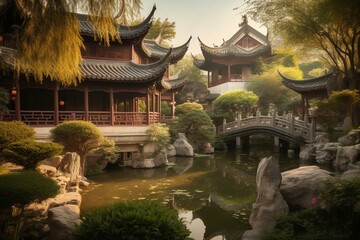 Scenic Chinese landscape adorned with gardens, pastel flowers, and soothing beige hues. Generative AI