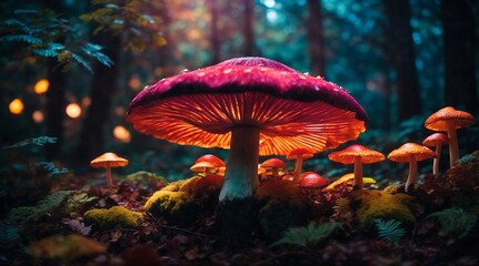 Fly agaric mushroom in autumn forest. Beautiful nature scene.