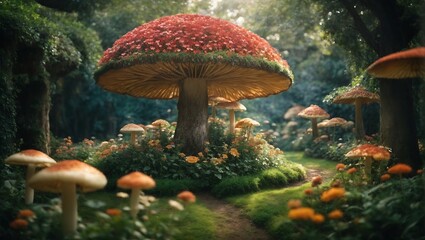 Garden decoration in the form of a tunnel with mushrooms and trees