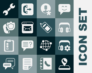 Set Call center location, Headphoneswith settings, Elected employee, Mail and e-mail, Telephone handset shield, Wrench spanner and Mobile icon. Vector