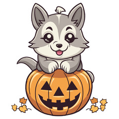 Cute cat and halloween pumpkin, vector illustration.