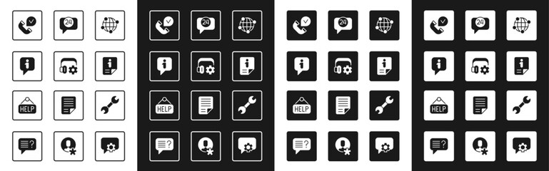 Set Global technology, Headphoneswith settings, Information, Telephone handset, 24 hours support, Wrench spanner and Signboard text Help icon. Vector