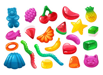 Cartoon sweet jelly. Delicious gummy desserts, jelly candy in different shapes. Colorful sweets vector illustration set