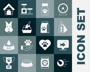 Set Pet toys ball, Fish, Dog collar with bone, Medicine bottle and pills, Cat litter tray shovel, house and Bag of food for pet icon. Vector