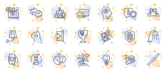 Outline set of Exit, Table knife and Coffee beans line icons for web app. Include Smile, Budget accounting, Pets care pictogram icons. Refresh, Travel luggage, Fingerprint signs. Vector