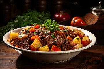 Traditional Hungarian dish, goulash, slow-cooked with beef, potatoes, carrot, tomatoes, paprika, onion and bell peppers, White bowl on wooden table