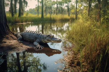 American alligator (Caiman crocodilus) in the swamp. - obrazy, fototapety, plakaty