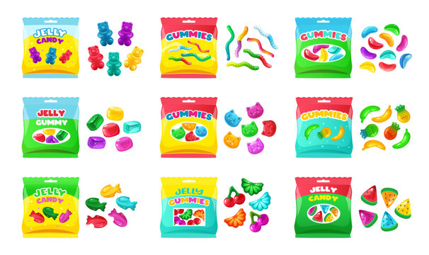 Cartoon Jelly Sweets. Cute Candy Variety Pack Of Multicolored Jelly Beans, Gummies And Candy Worms With Packaging Vector Set