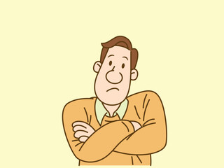 young business man is arms folded and thinking. Human emotion, facial expression, feeling concept illustration in vector cartoon style. Modern lifestyle