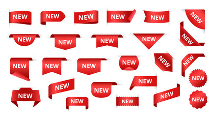 New tags. Red ribbon new product labels, new arrival badges and corners for marketing and promotion isolated vector set