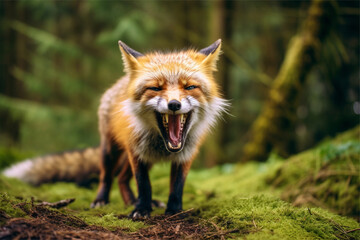 Naklejka na ściany i meble Angry red fox, Vulpes vulpes, wild animal in the forest