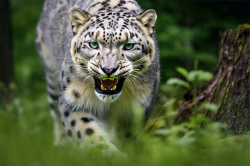 Obraz premium Angry snow leopard (Panthera uncia) in the forest