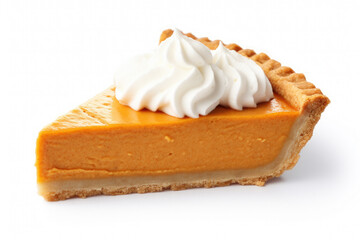 Pumpkin pie slice isolated on white background. Traditional Thanksgiving pastry topped with white whipped cream. 