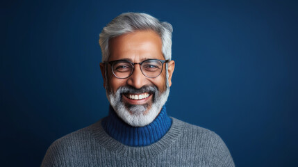 Delighted Indian man in 60s, short grey hair, blue theme