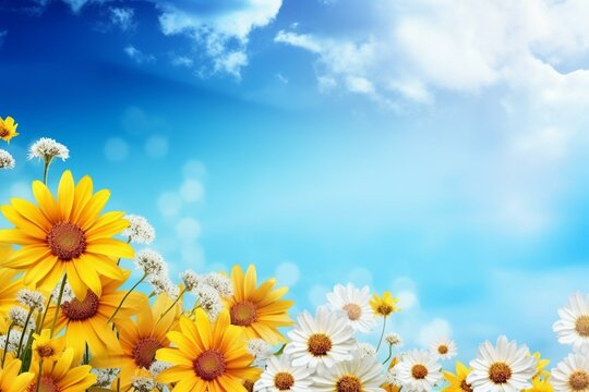 Vibrant spring meadow with daisies and sunflowers under the sky, offering a beautiful view with space for text, seen from above. Generative AI