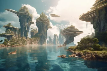 Afwasbaar Fotobehang Blauwgroen A futuristic utopia city on a rocky island above the ocean, ideal for travel and vacation with stunning landscapes. Generative AI