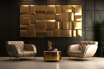 Elegant 3D gold square tile wallpaper with sleek blocks. A rendered design for lavish walls. Generative AI