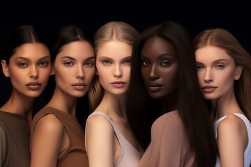 Obraz premium Generative AI portrait group of attractive female fashion models amazing appearance skin all races tones ethnicity