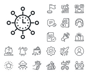 Global watch sign. Salaryman, gender equality and alert bell outline icons. World time line icon. World time line sign. Spy or profile placeholder icon. Online support, strike. Vector