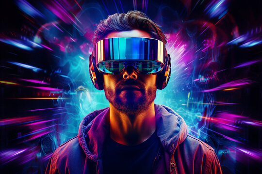 Generative ai collage image picture of person gamer in virtual reality using vr gadget device