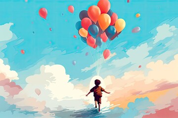 little child fly with colorful balloons illustration