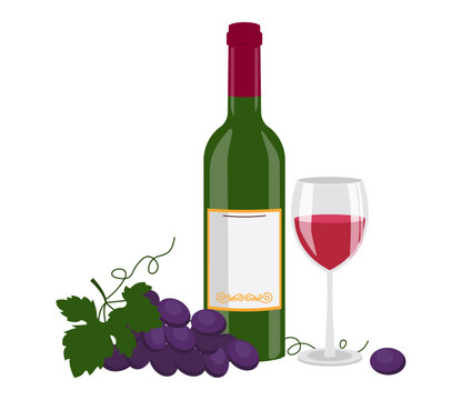 Bottle of red wine, wine in glasses and grape. Vector graphic.