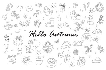 Hello autumn patches collection. Hand drawn vector illustration.