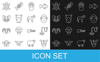 Set line Rhinoceros, Collar with name tag, Monkey, Paw print, Hippo or Hippopotamus, Rat head, Turtle and Horse icon. Vector