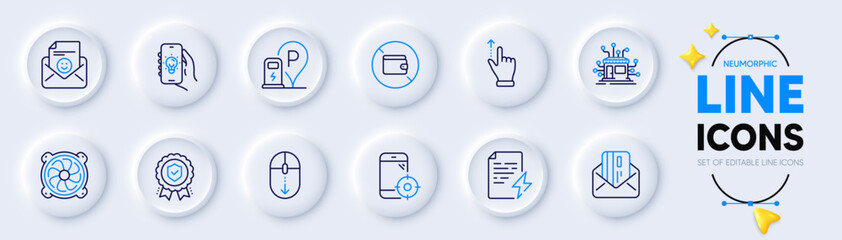 Scroll down, Charging station and Wallet line icons for web app. Pack of Smile, Seo phone, Insurance medal pictogram icons. Distribution, Electric app, Power certificate signs. Vector