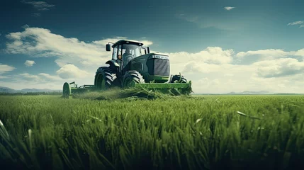 Tuinposter Bio Agriculture in Action: Tactor Mowing Green Field on a Farm for Harvesting Organic Food in Nature © Serhii
