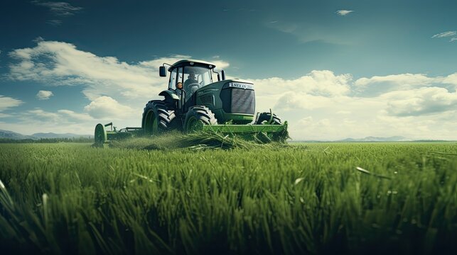 Bio Agriculture in Action: Tactor Mowing Green Field on a Farm for Harvesting Organic Food in Nature
