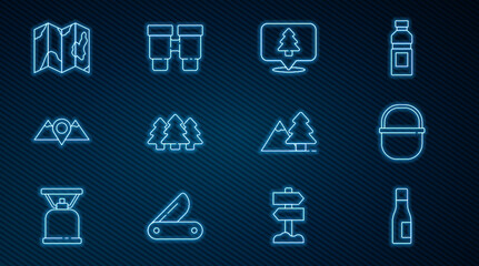 Set line Bottle of water, Camping pot, Location the forest, Forest, mountains, map, Mountains with tree and Binoculars icon. Vector