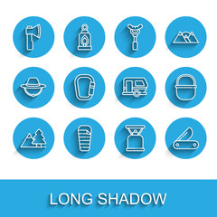 Set line Mountains with tree, Sleeping bag, Wooden axe, Camping gas stove, Swiss army knife, Carabiner, pot and Rv trailer icon. Vector