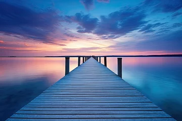 Fototapeten Blue Lake Sunset with Twin Wooden Piers Reflecting in the Calm Water: Relaxing Beachscape with Horizon and Architectural Design Elements © Serhii