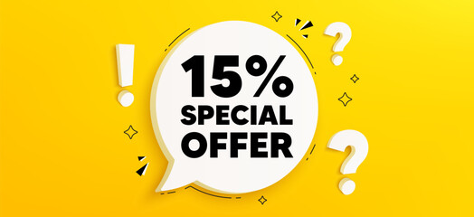 15 percent discount offer tag. Chat speech bubble banner with questions. Sale price promo sign. Special offer symbol. Discount speech bubble message. Quiz chat box. Vector