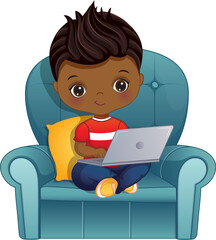 Vector Little African American Boy with Laptop