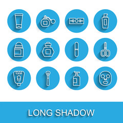 Set line Epilator, Makeup brush, Cream lotion cosmetic tube, Facial mask, Perfume, Scissors and Nail file icon. Vector