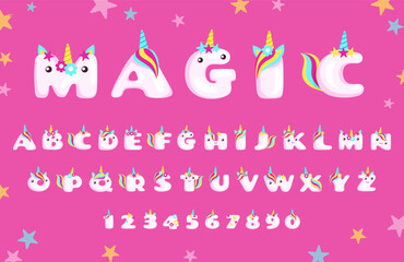 Unicorn font. Cartoon style alphabet with cute unicorn horn and rainbow hair. Magic letters and numbers with shiny stars vector symbols set © WinWin