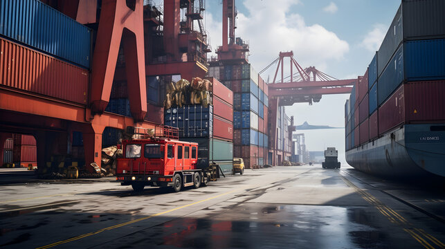 Loading Containers onto Cargo Vessel at Port : Logistics Concept, SEA mode